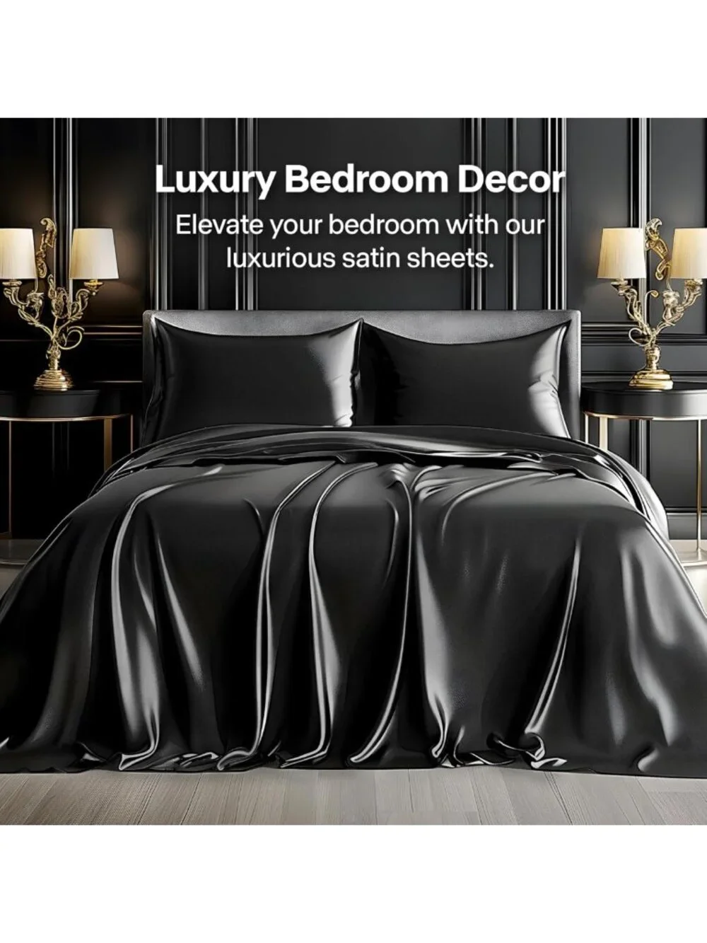 Luxury Black Satin King Size Sheet Set - Soft, Silky, Deep Pocket, 4 Pieces